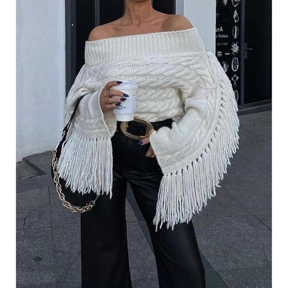 Women’s White Unybwonn Off Shoulder Tassel Knit Cropped Y2K Sweater - Picture 2 of 6